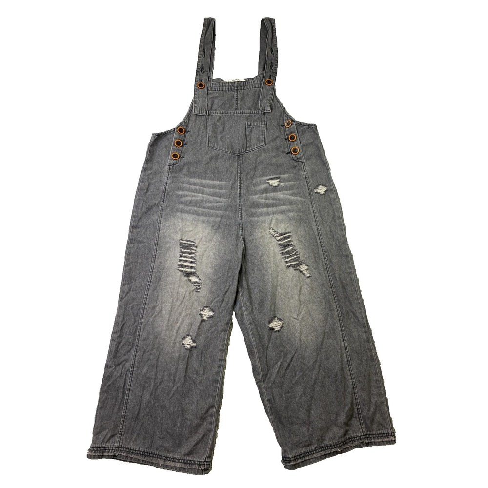 Three Bird Nest Womens S Black Distressed Denim Overalls Wide Leg Boho